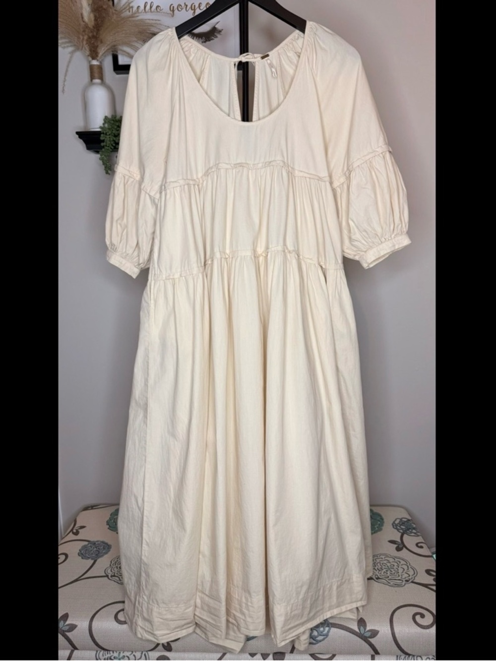 Free People Cream Tiered Puff Sleeve Midi Dress